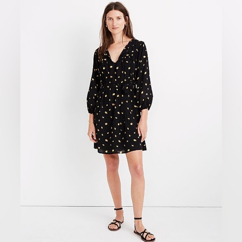 Madewell Floral Tie Waist Mini Dress in French Daisies Size XL Black Yellow